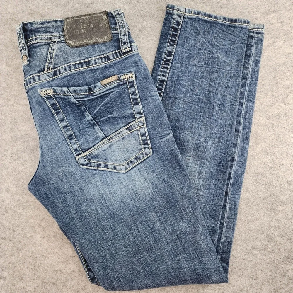 Salvage Mayhem Skinny Blue Distressed Buckle Whiskered Jeans Mens 30x30